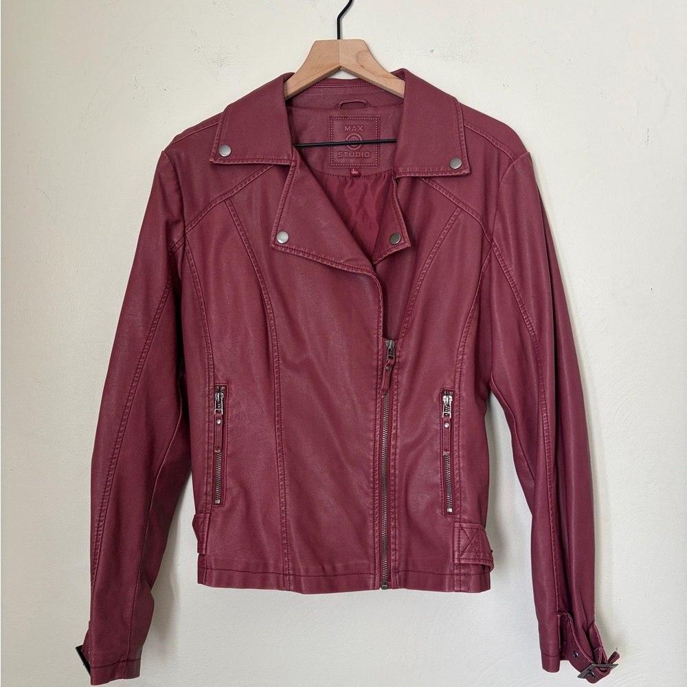 Max Studio Burgundy Faux Leather Moto Jacket